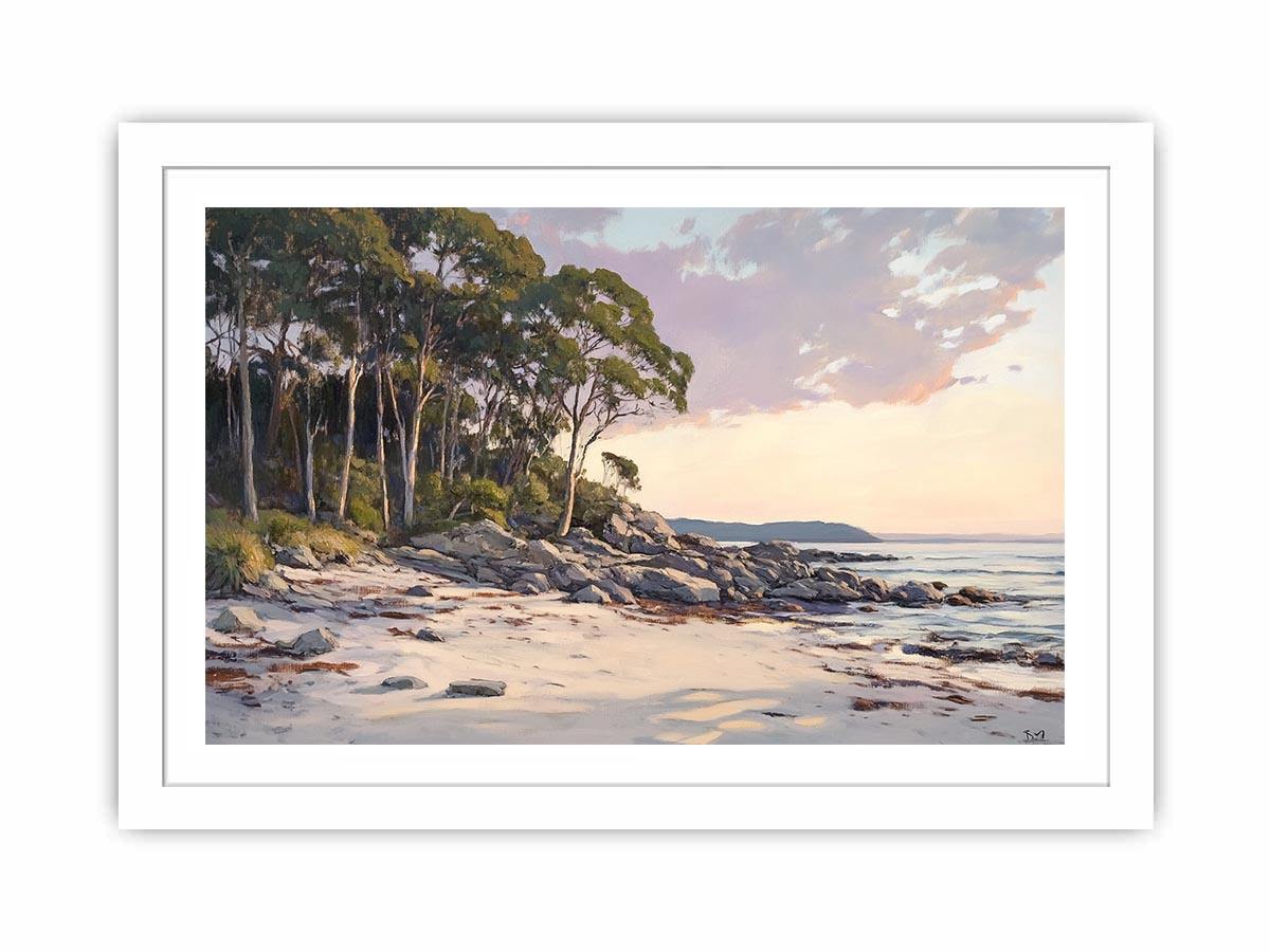 Soft coastal beach painting with eucalyptus trees