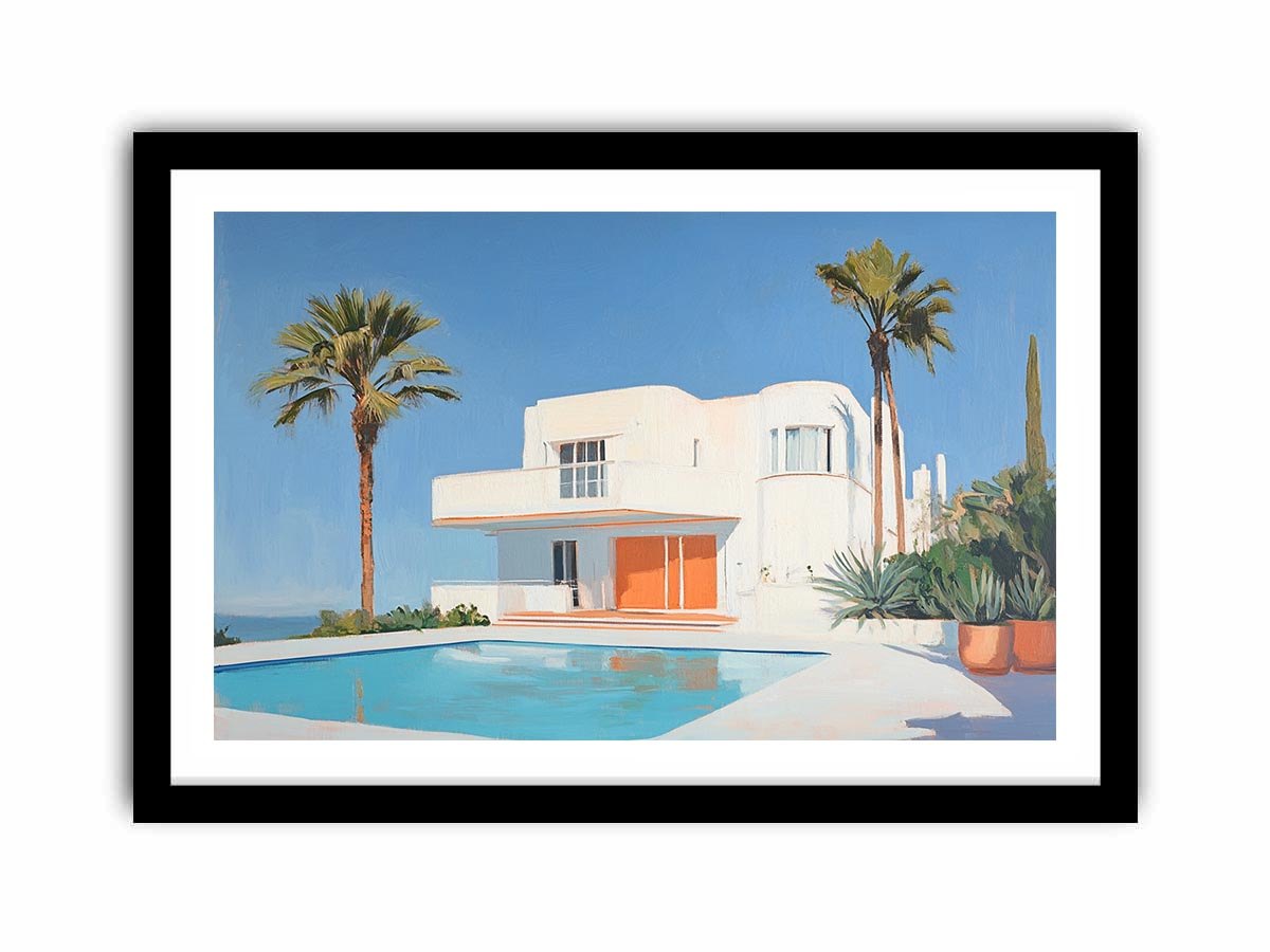 Modern white villa pool Canvas Print with palm trees