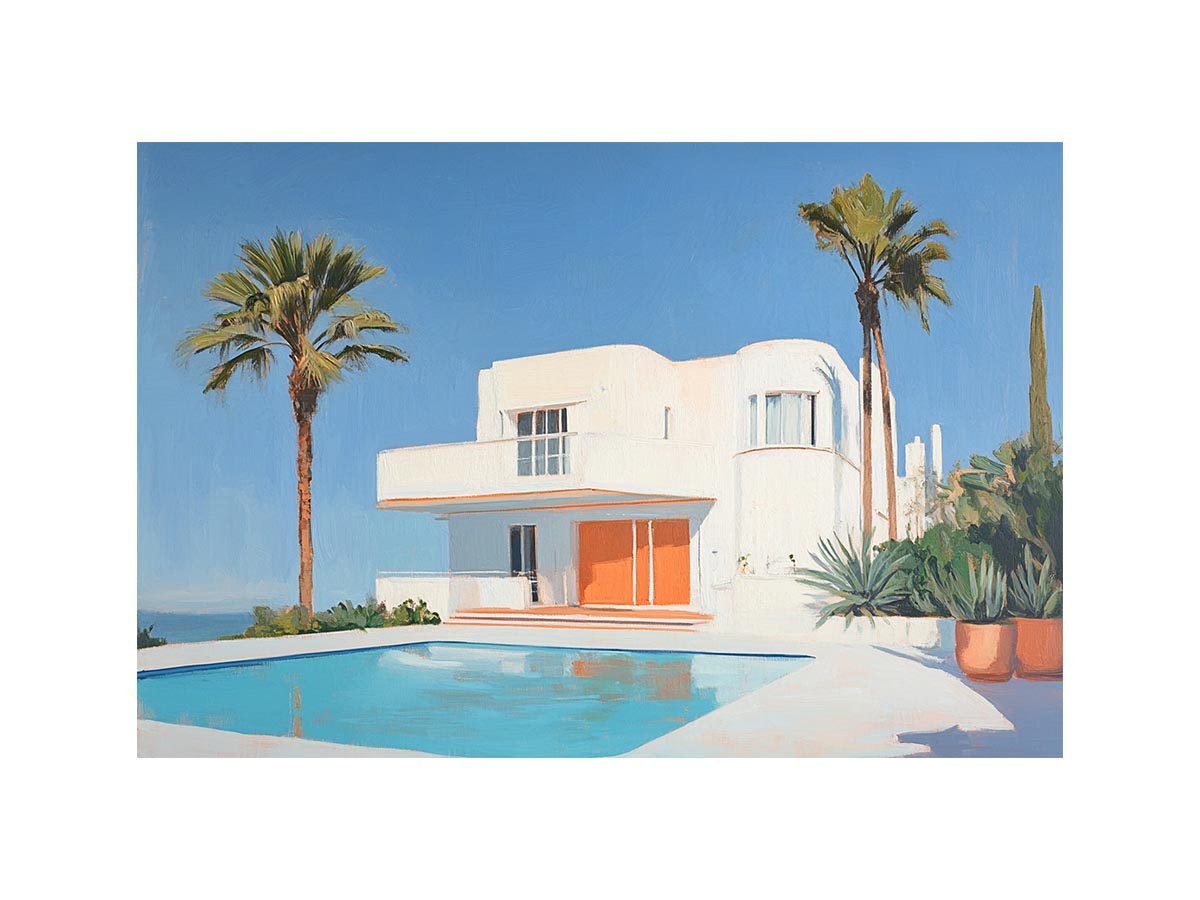 Modern white villa pool Canvas Print with palm trees