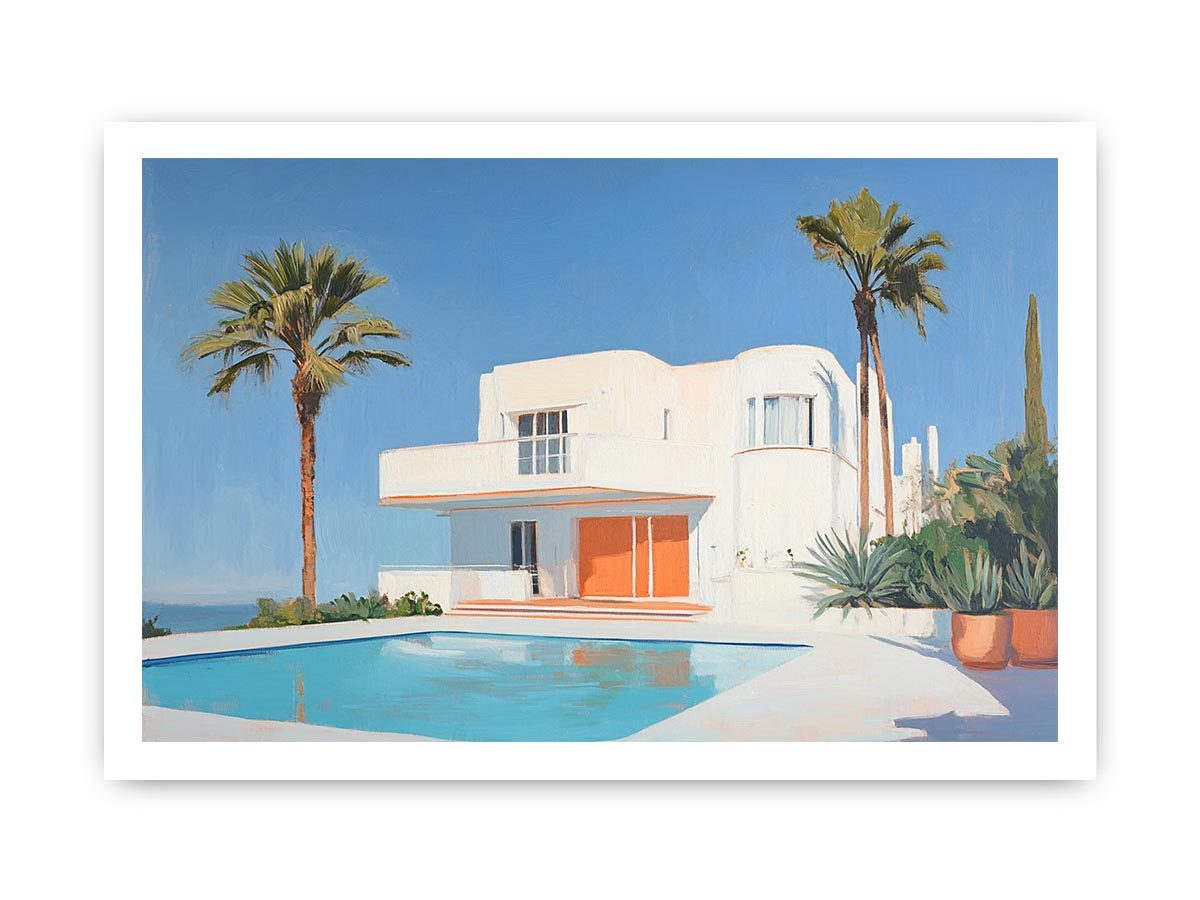 Modern white villa pool Canvas Print with palm trees