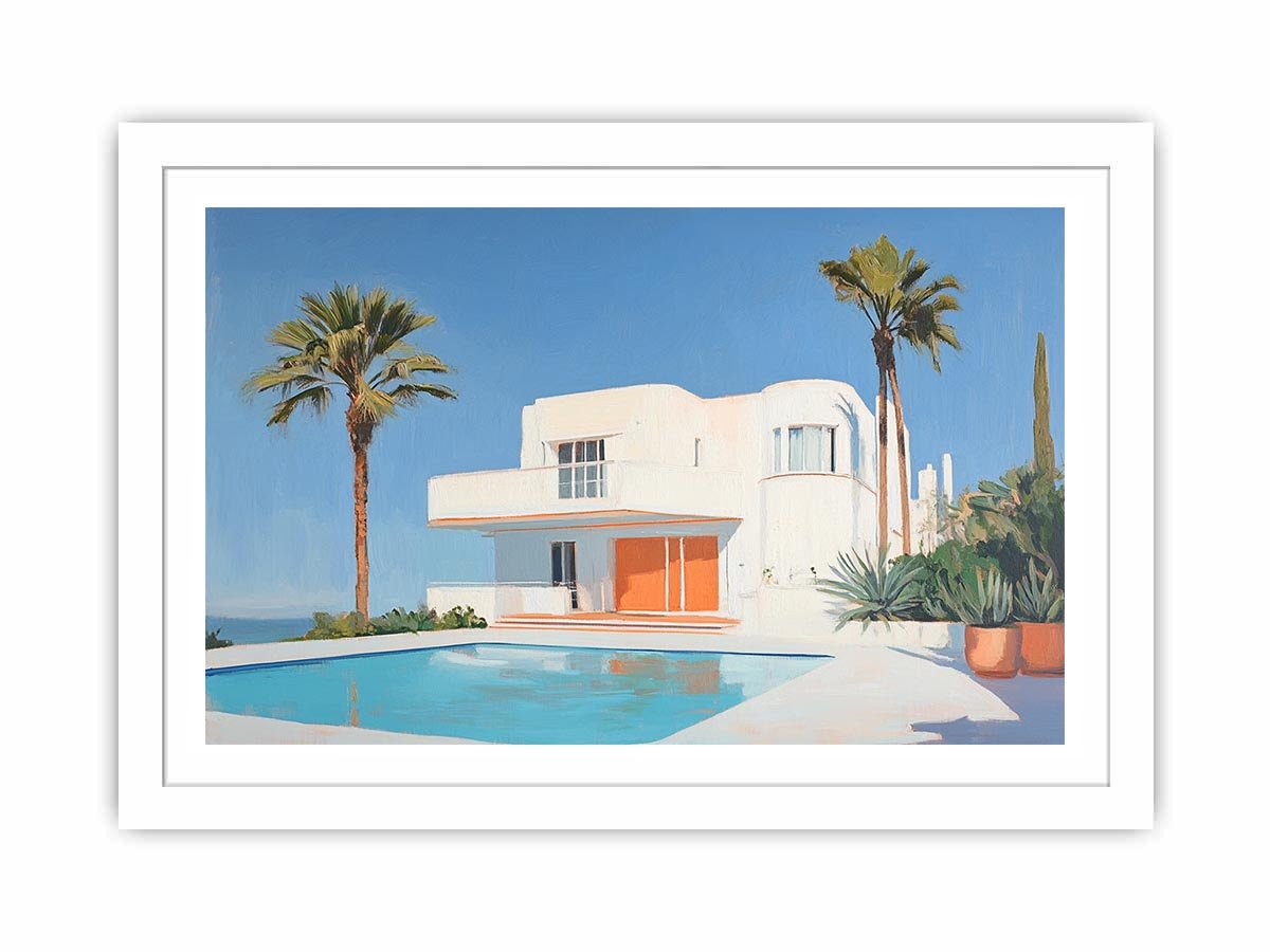 Modern white villa pool Canvas Print with palm trees