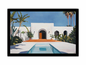 White Mediterranean villa courtyard Canvas Print with pool and palms