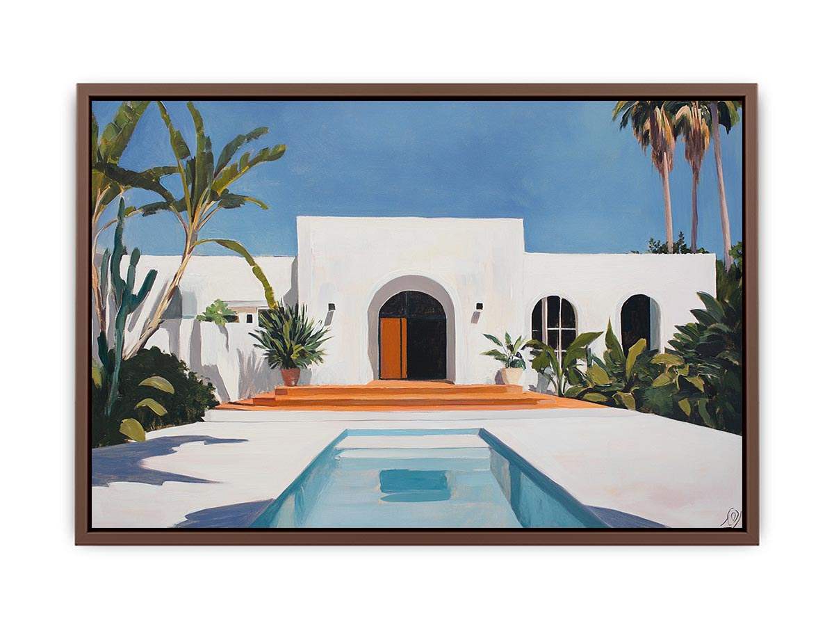 White Mediterranean villa courtyard Canvas Print with pool and palms