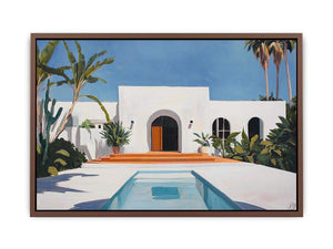 White Mediterranean villa courtyard Canvas Print with pool and palms