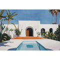 White Mediterranean villa courtyard Canvas Print with pool and palms