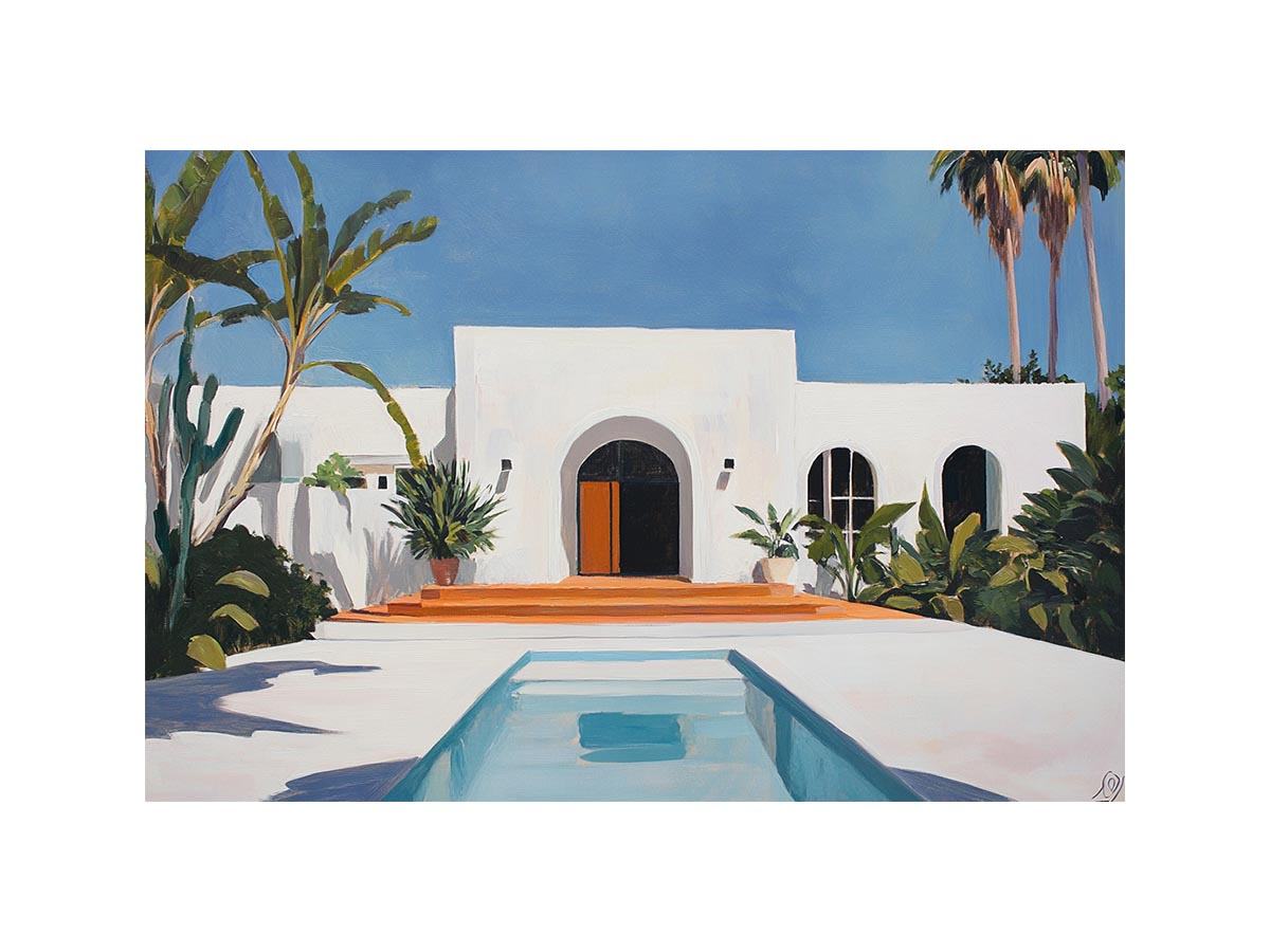 White Mediterranean villa courtyard canvas art with pool and palms for modern decor.