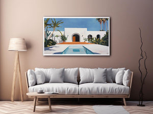 White Mediterranean villa courtyard Canvas Print with pool and palms