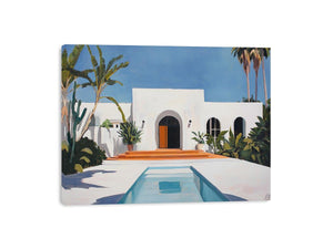 White Mediterranean villa courtyard Canvas Print with pool and palms