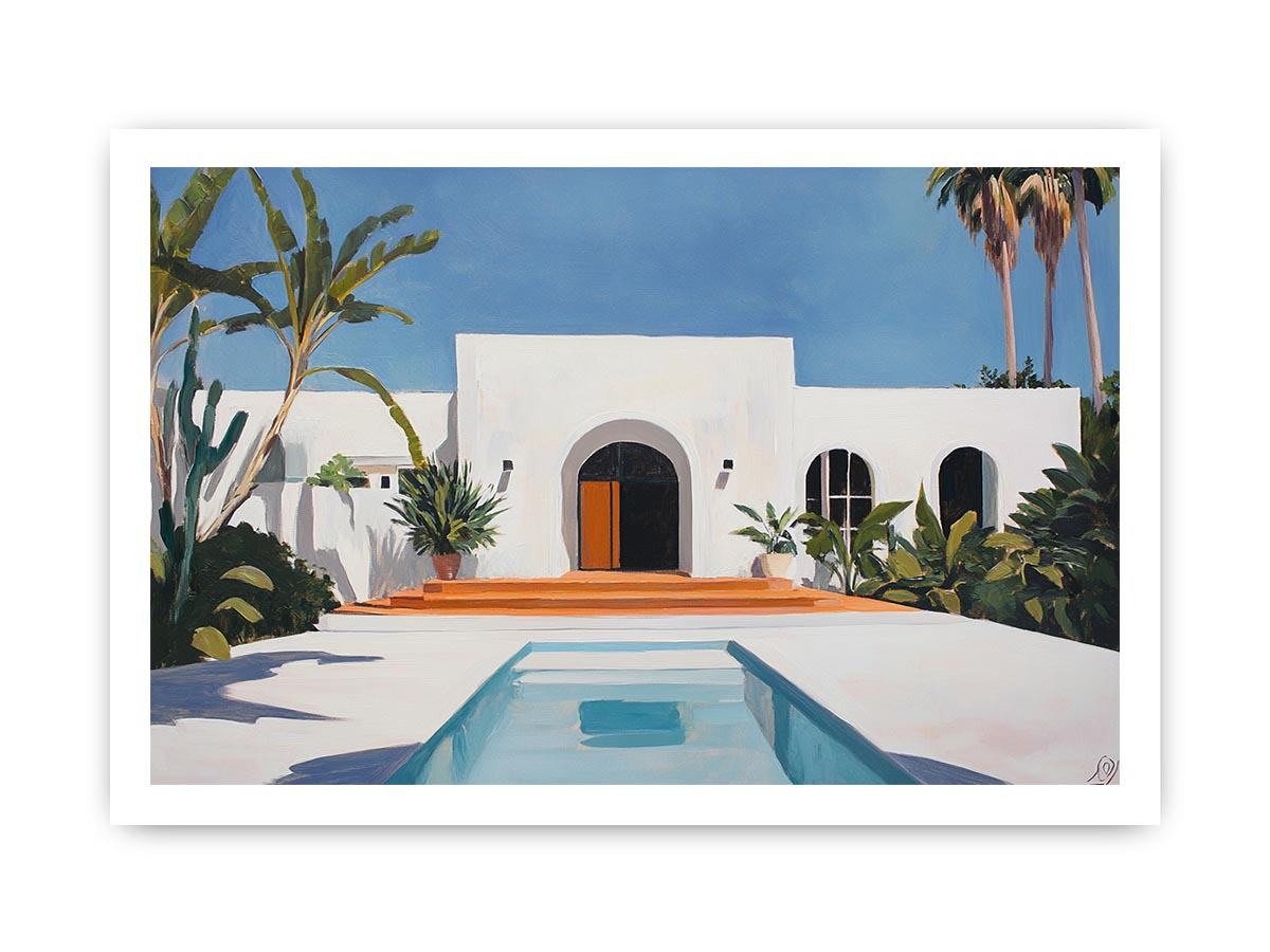 White Mediterranean villa courtyard Canvas Print with pool and palms