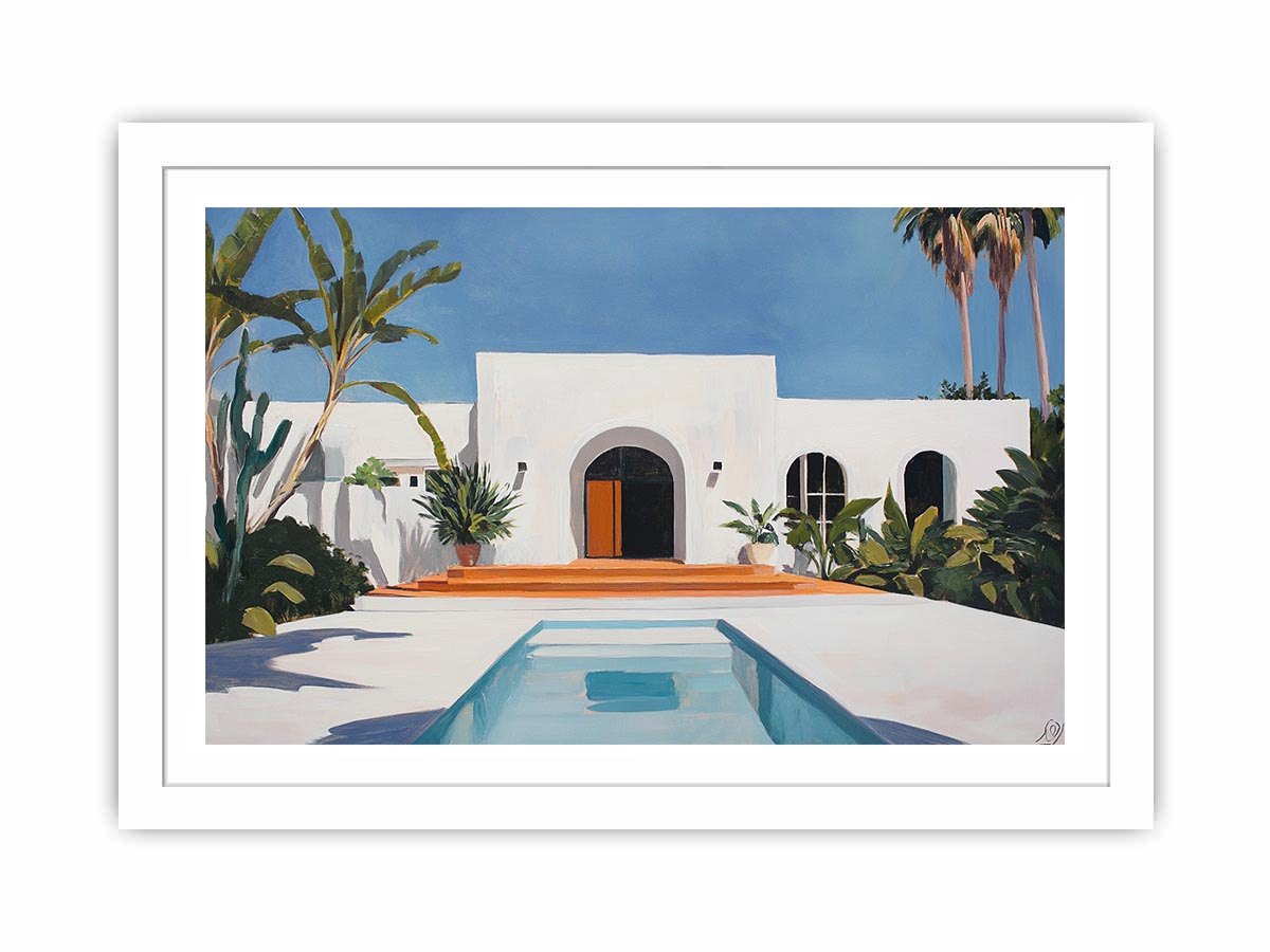 White Mediterranean villa courtyard Canvas Print with pool and palms