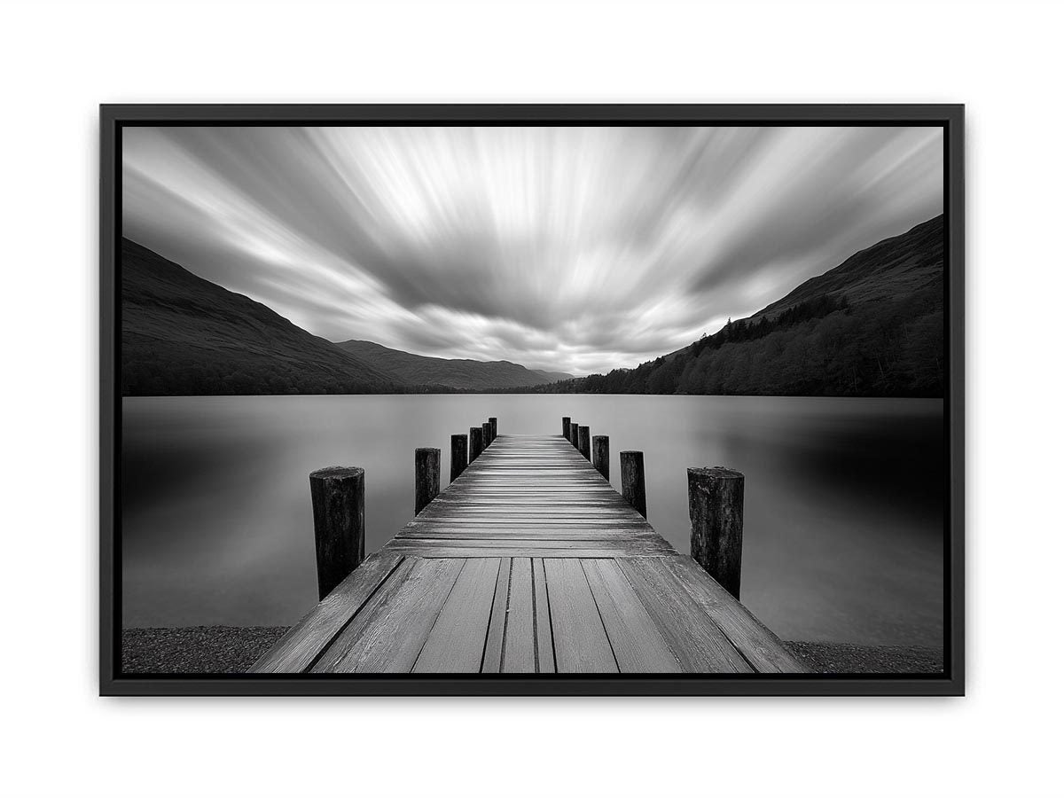 Black and white lake pier landscape