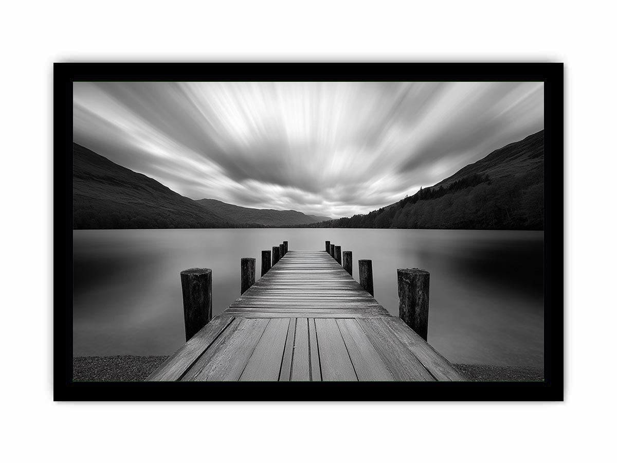Black and white lake pier landscape