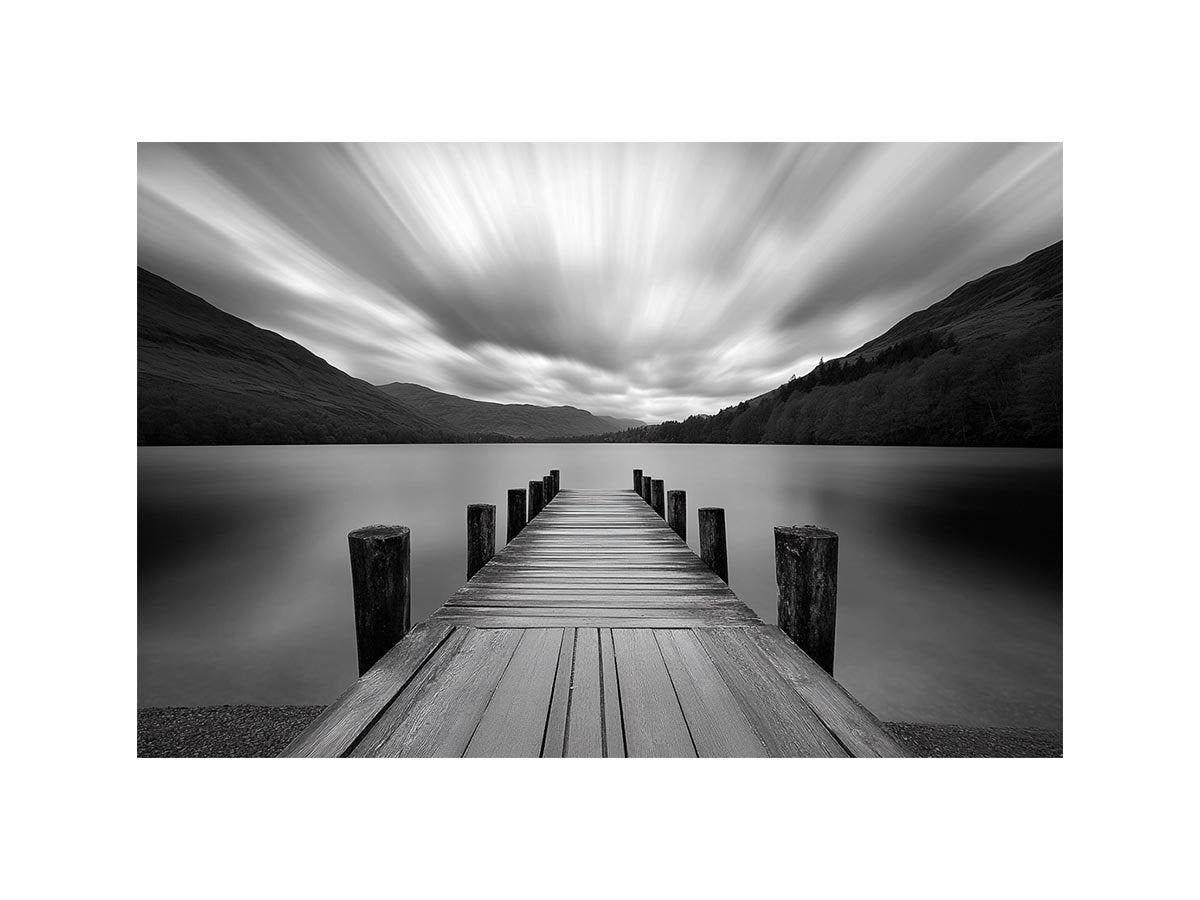 Black and white lake pier landscape