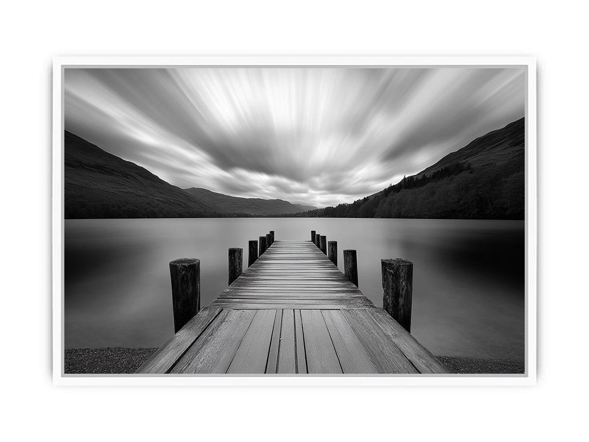 Black and white lake pier landscape