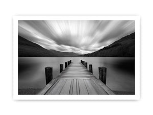 Black and white lake pier landscape