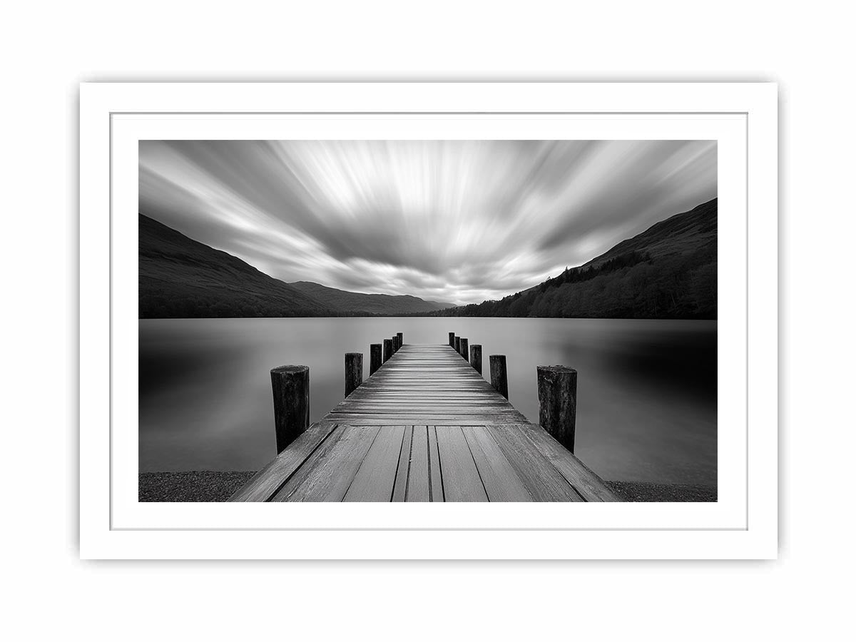 Black and white lake pier landscape