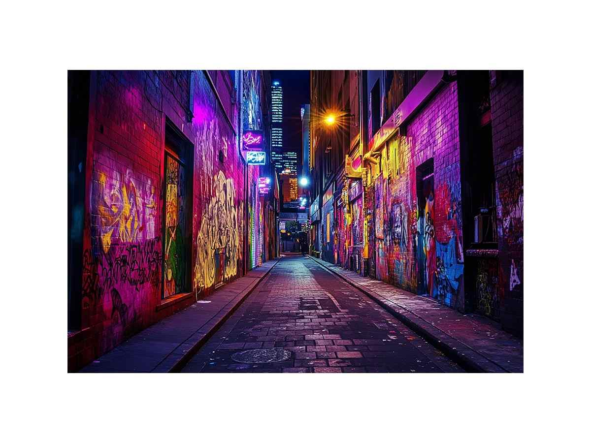 Neon graffiti alley photography wall art for modern loft or office decor.