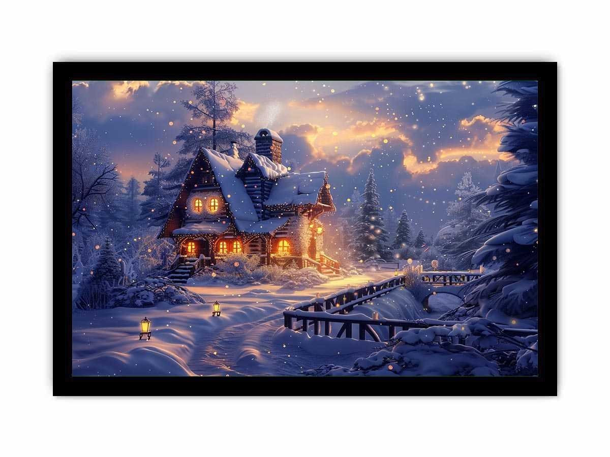 Cozy winter cabin Canvas Print with snow and warm lights