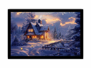 Cozy winter cabin Canvas Print with snow and warm lights