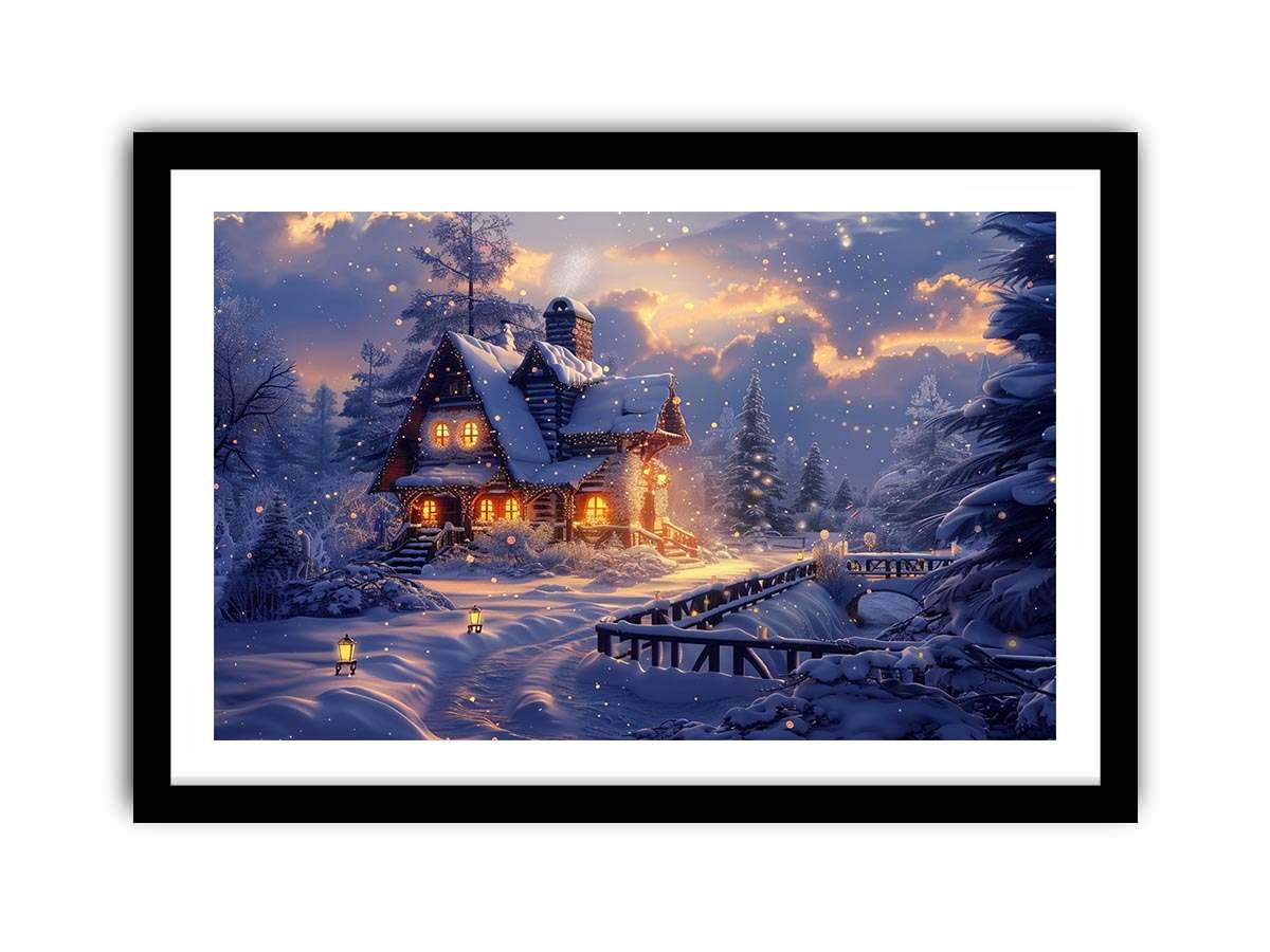 Cozy winter cabin Canvas Print with snow and warm lights