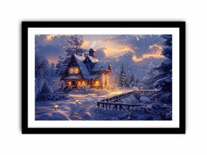 Cozy winter cabin Canvas Print with snow and warm lights