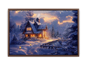 Cozy winter cabin Canvas Print with snow and warm lights