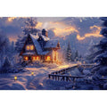 Cozy winter cabin Canvas Print with snow and warm lights