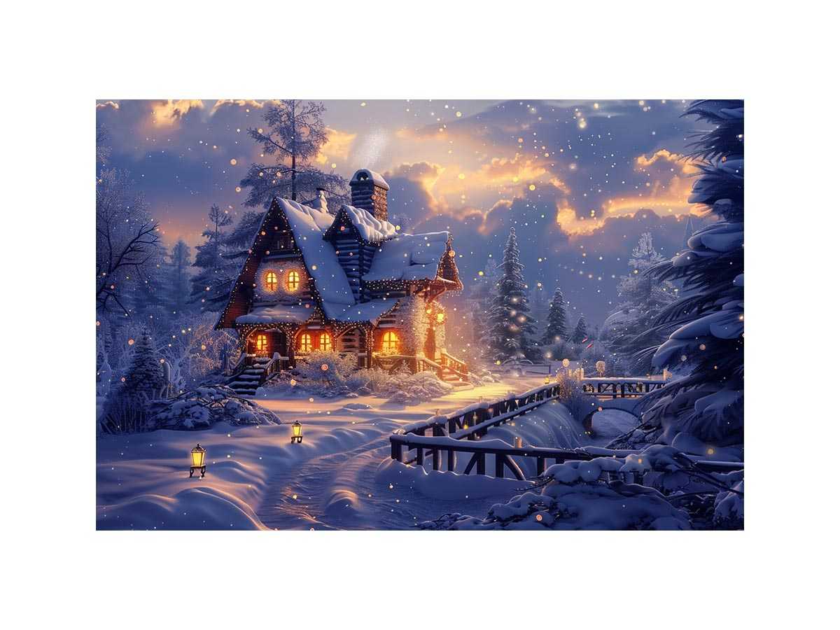 Cozy winter cabin Canvas Print with snow and warm lights
