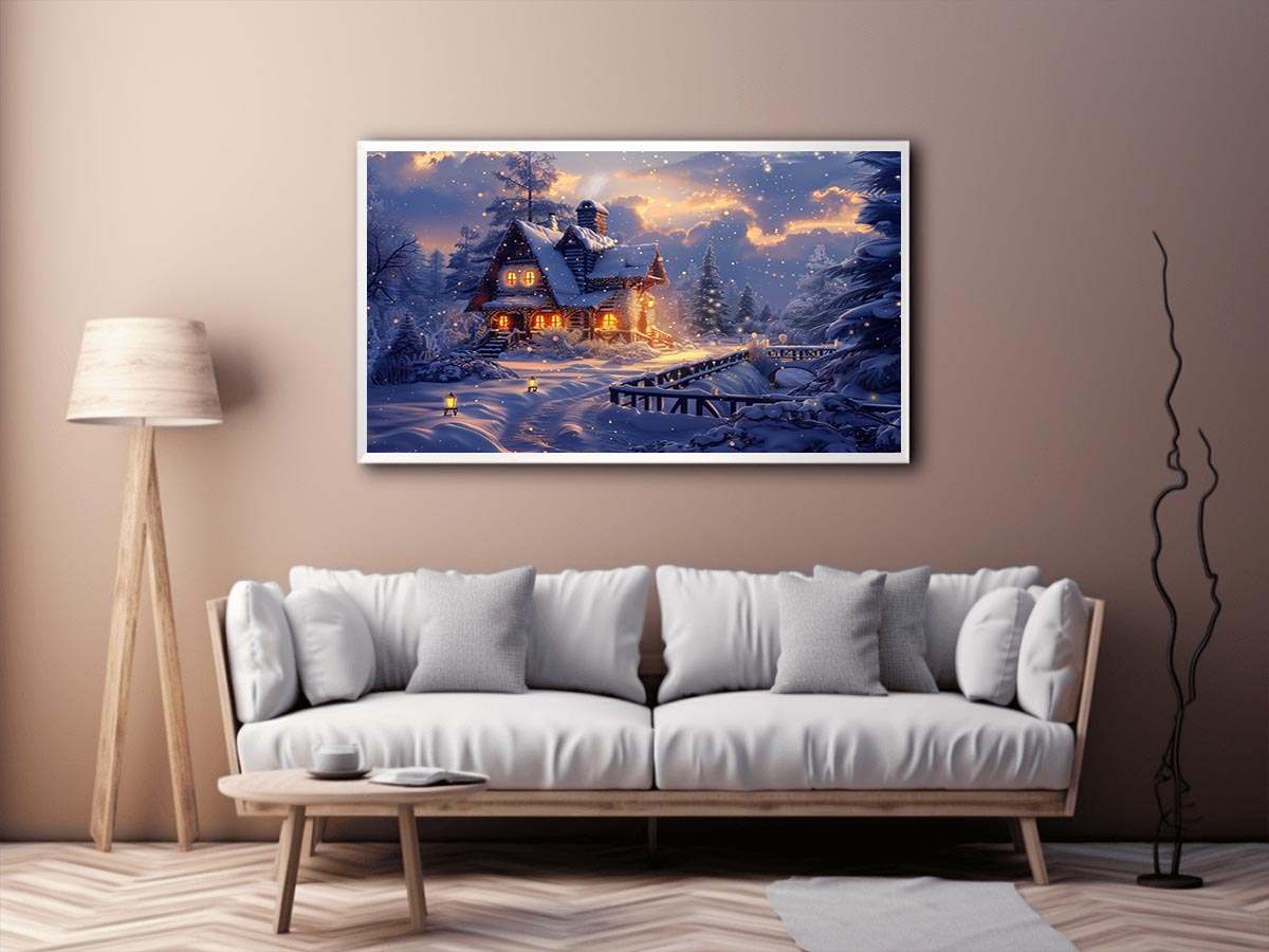 Cozy winter cabin Canvas Print with snow and warm lights