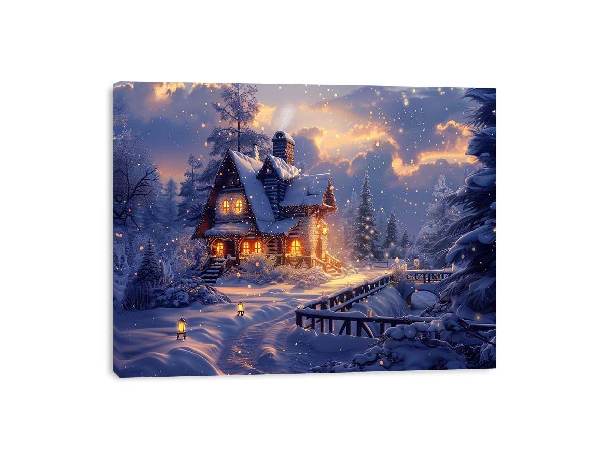 Cozy winter cabin Canvas Print with snow and warm lights
