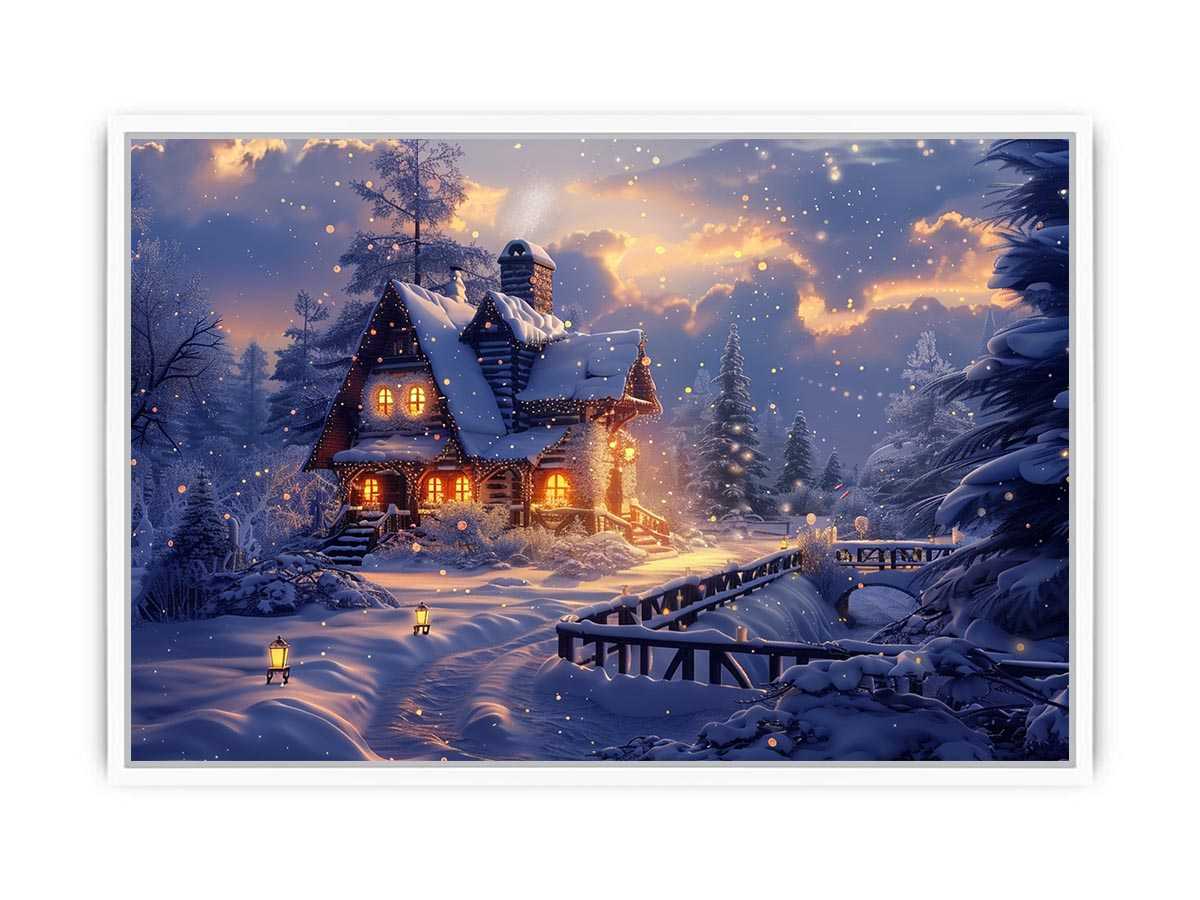 Cozy winter cabin Canvas Print with snow and warm lights
