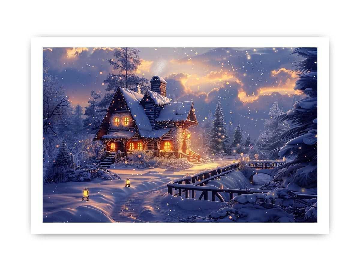 Cozy winter cabin Canvas Print with snow and warm lights