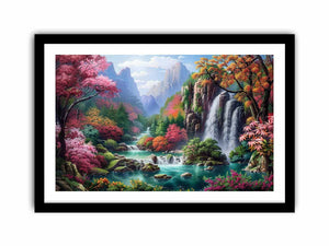 Fantasy waterfall garden Canvas Print with flowers and mountains