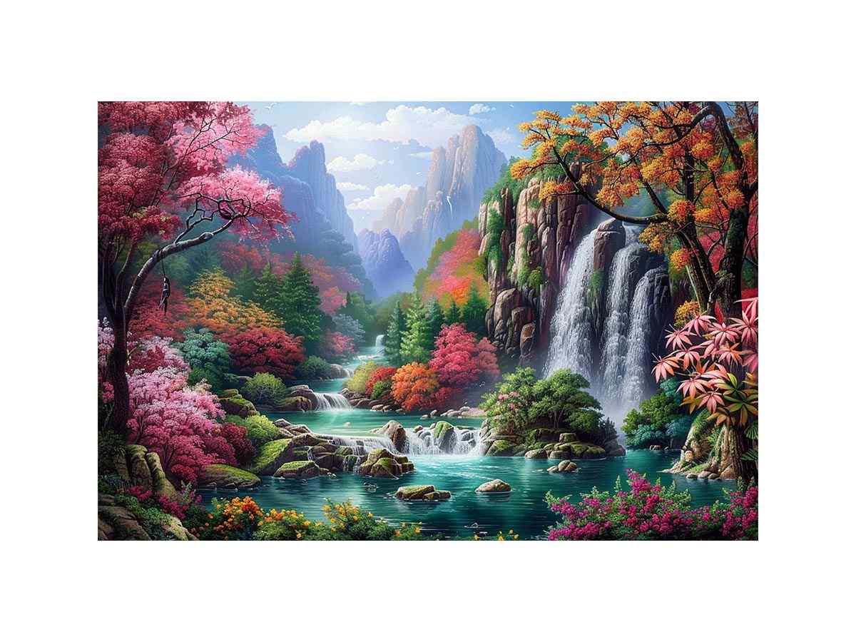 Fantasy waterfall garden Canvas Print with flowers and mountains