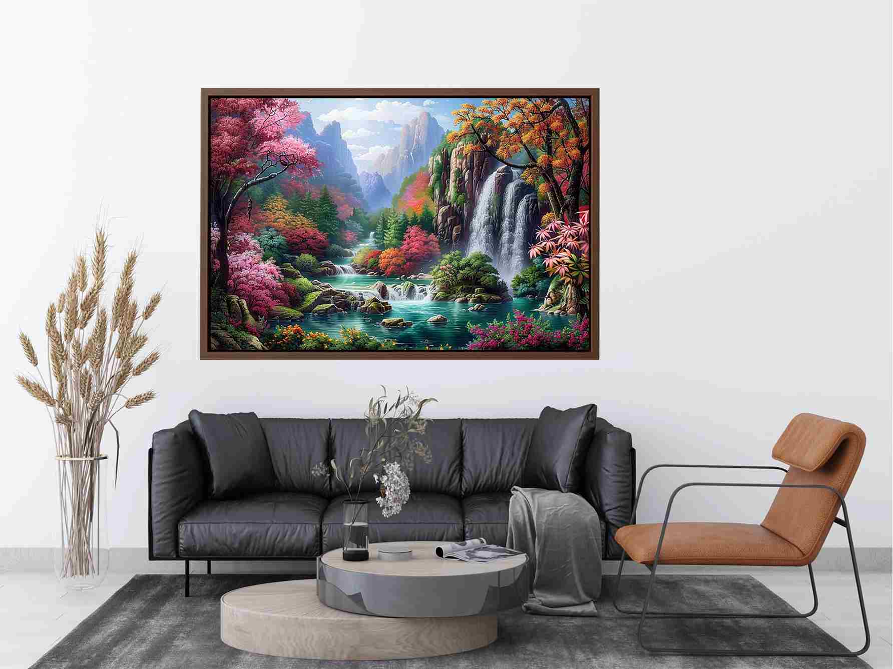 Fantasy waterfall garden Canvas Print with flowers and mountains