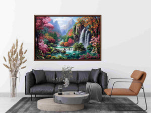 Fantasy waterfall garden Canvas Print with flowers and mountains