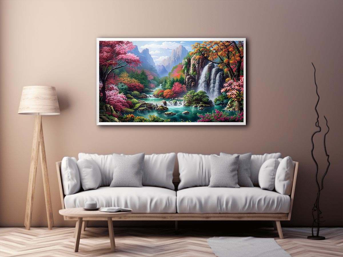 Fantasy waterfall garden Canvas Print with flowers and mountains