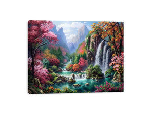 Fantasy waterfall garden Canvas Print with flowers and mountains