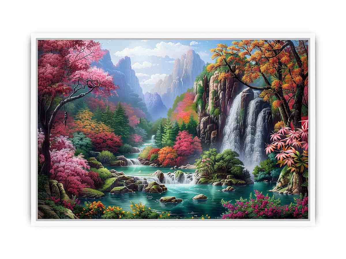 Fantasy waterfall garden Canvas Print with flowers and mountains