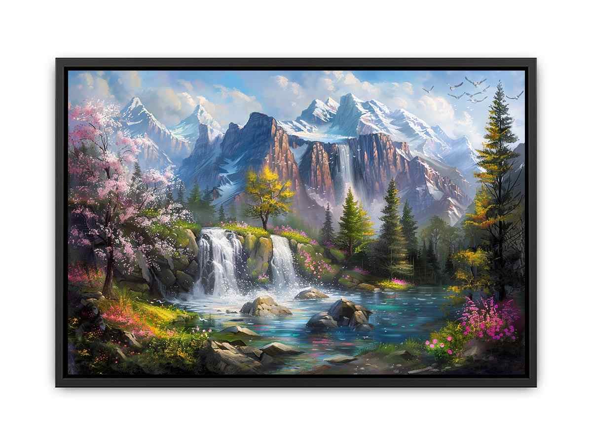 Mountain waterfall lake Canvas Print with spring trees