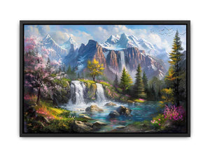 Mountain waterfall lake Canvas Print with spring trees