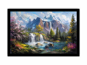 Mountain waterfall lake Canvas Print with spring trees