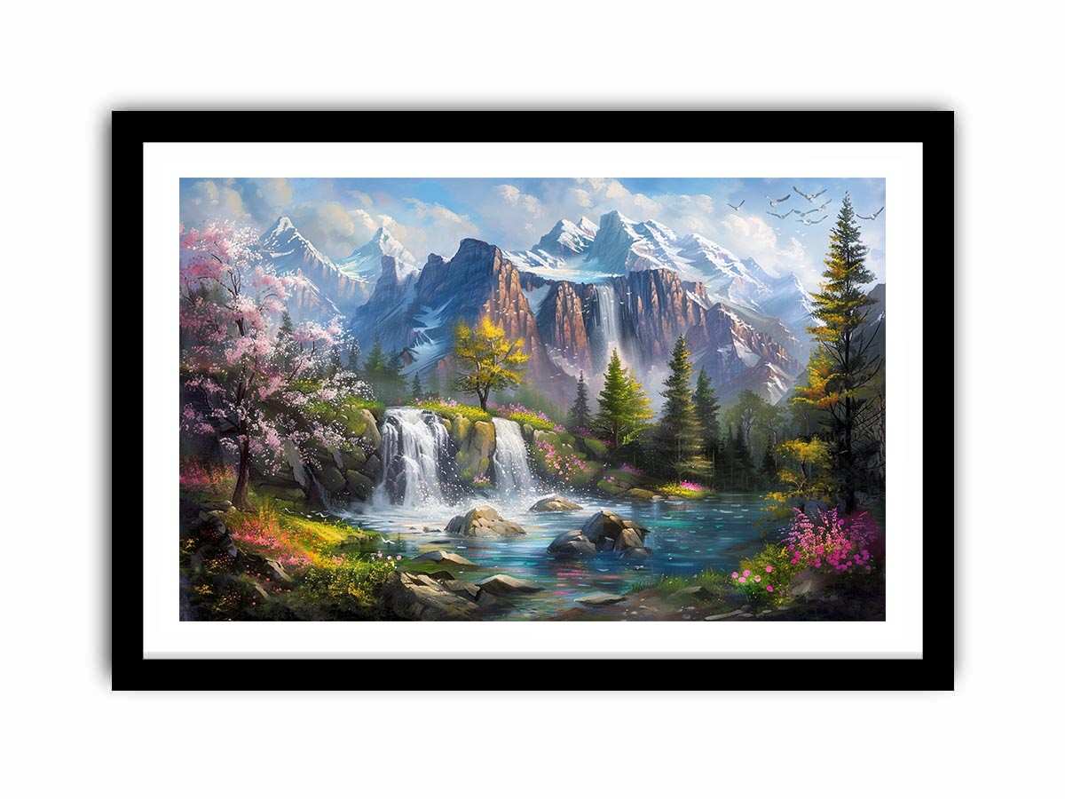 Mountain waterfall lake Canvas Print with spring trees