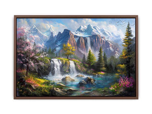 Mountain waterfall lake Canvas Print with spring trees