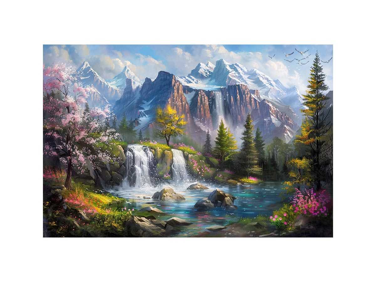 Mountain waterfall lake Canvas Print with spring trees