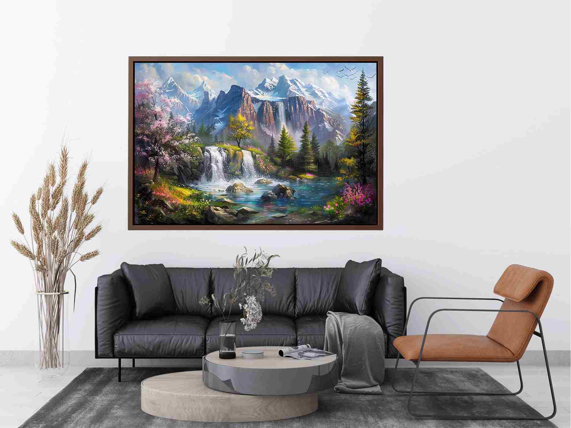 Mountain waterfall lake Canvas Print with spring trees