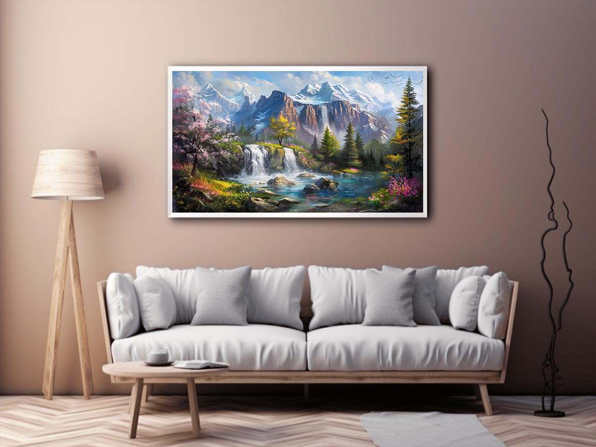 Mountain waterfall lake Canvas Print with spring trees