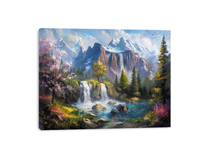 Mountain waterfall lake Canvas Print with spring trees