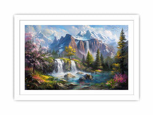 Mountain waterfall lake Canvas Print with spring trees