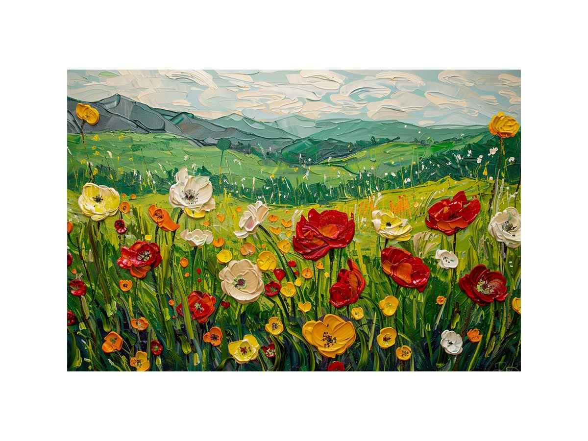 Panoramic wildflower meadow canvas art for cheerful country living room decor.